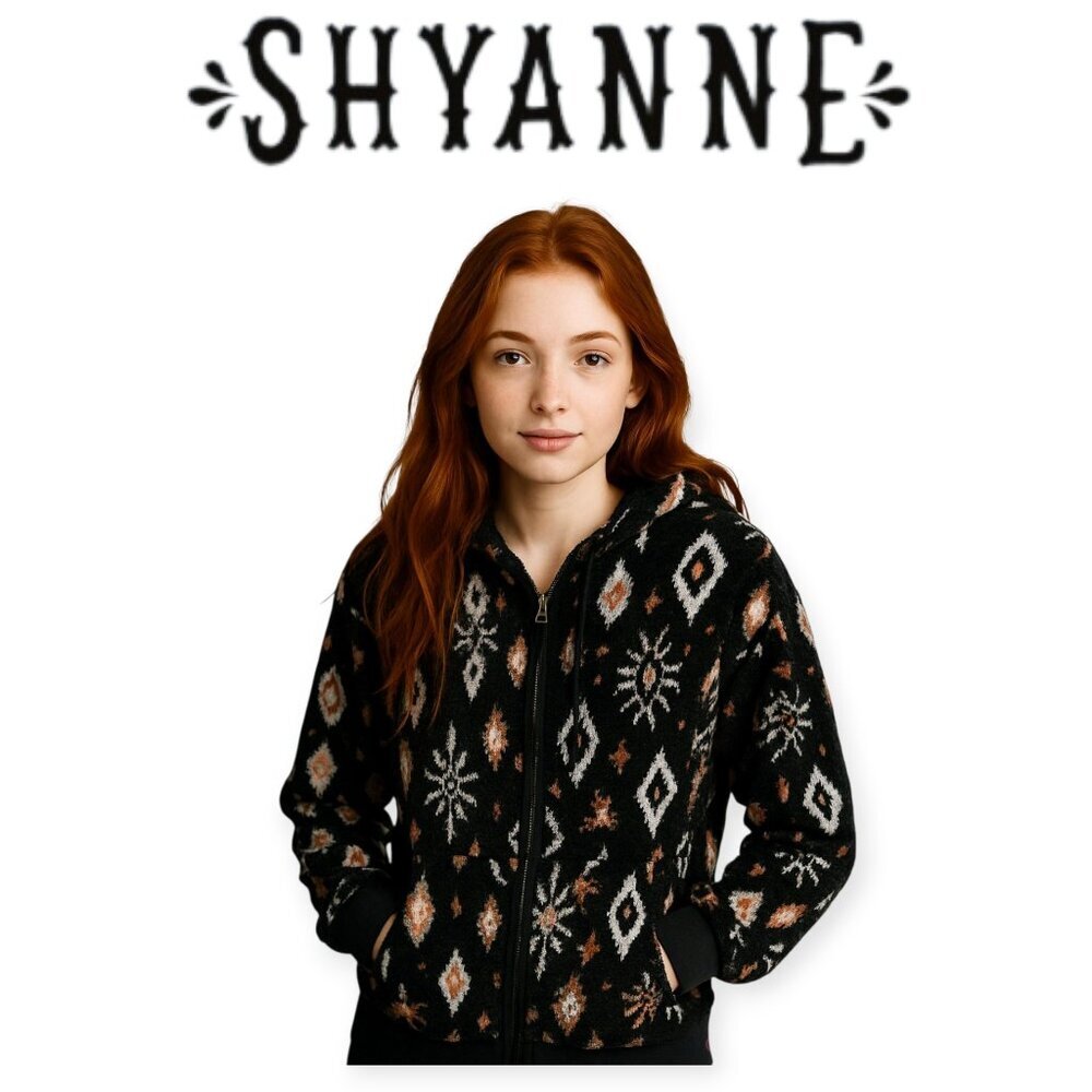 Shyanne Long Sleeve Black Aztec Patterned Hooded Fleece Jacket Size S EUC Trendy